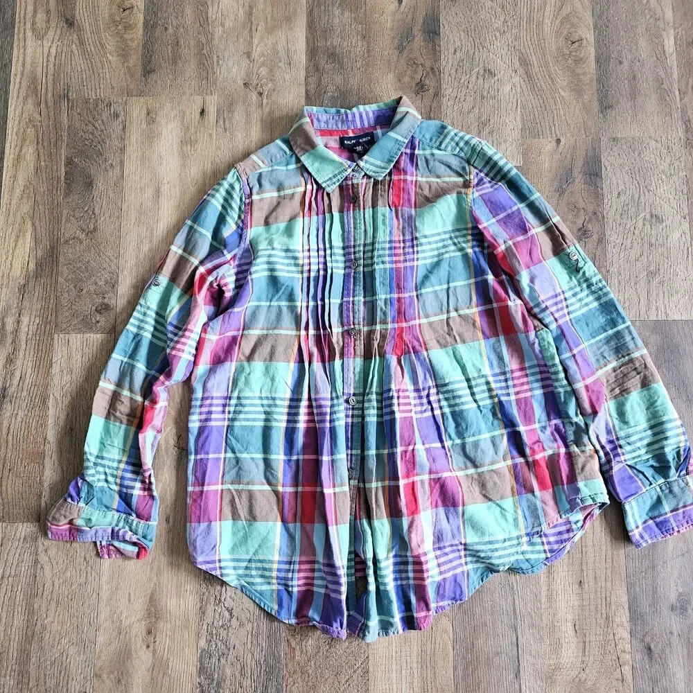 Ralph Lauren Plaid Pintuck Button Up Shirt Multicolor Madras Roll Tab Girls 14